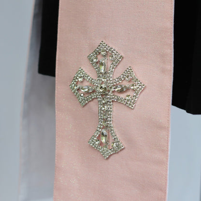 Deacon's Bubblegum Shimmer Stole for Clergy with Rhinestone Crosses - Clearance Price